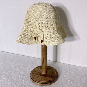 Vintage Cream Crochet Knit Floppy Bucket Hat Summer Hat